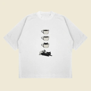 Coffee Cat Baskılı Oversize Unisex Pamuklu Nefes Alan Kalın Kumaşlı