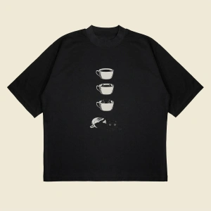 Coffee Cat Baskılı Oversize Unisex Pamuklu Nefes Alan Kalın Kumaşlı