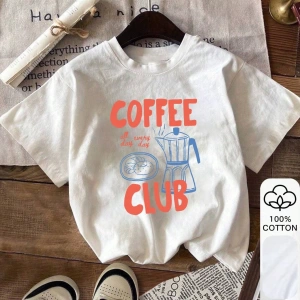 Coffee Club Baskı, Yaz Kadın %100 Pamuklu Kısa Kollu, Beyaz Kısa Kollu, Grafik Tişört, Beyaz