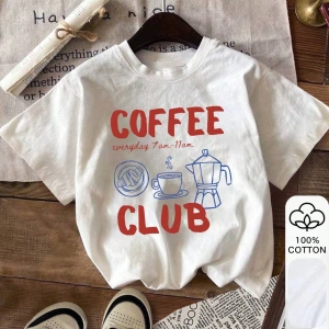 Coffee Club Baskı Yazlık Bayan %100 Pamuk Kısa Kollu, Beyaz Üst, Grafik Tişört, Pamuklu Tişör