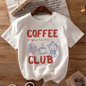 Coffee Club Baskı Yazlık Bayan %100 Pamuk Kısa Kollu, Beyaz Üst, Grafik Tişört, Pamuklu Tişör