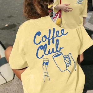 Coffee Club Baskılı Yazlık Kadın Büyük Boy Kısa Kollu Üst, Günlük Kadın Giyim, Yazlık Tişört,