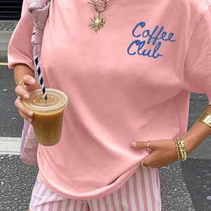 Coffee Club Baskılı Yazlık Kadın Büyük Boy Kısa Kollu Üst, Günlük Kadın Giyim, Yazlık Tişört,