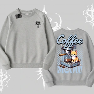Coffee Meow Kahve Temalı Kedi Arka Baskılı Biskilet Sweatshirt