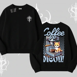 Coffee Meow Kahve Temalı Kedi Arka Baskılı Biskilet Sweatshirt