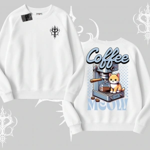 Coffee Meow Kahve Temalı Kedi Arka Baskılı Biskilet Sweatshirt