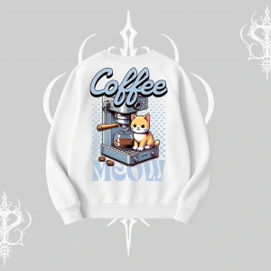 Coffee Meow Kahve Temalı Kedi Arka Baskılı Biskilet Sweatshirt