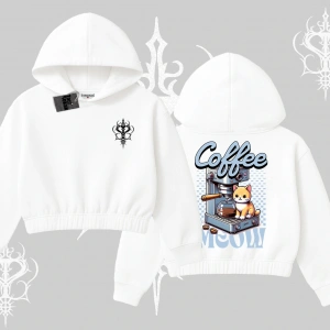 Coffee Meow Kahve Temalı Kedi Arka Baskılı Kapşonlu Crop Sweatshirt