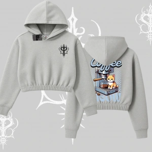 Coffee Meow Kahve Temalı Kedi Arka Baskılı Kapşonlu Crop Sweatshirt