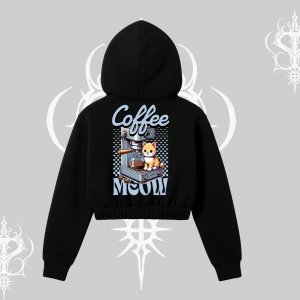 Coffee Meow Kahve Temalı Kedi Arka Baskılı Kapşonlu Crop Sweatshirt
