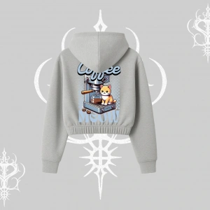 Coffee Meow Kahve Temalı Kedi Arka Baskılı Kapşonlu Crop Sweatshirt
