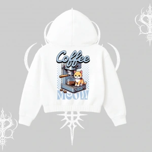 Coffee Meow Kahve Temalı Kedi Arka Baskılı Kapşonlu Crop Sweatshirt
