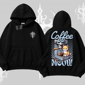 Coffee Meow Kahve Temalı Kedi Arka Baskılı Kapşonlu Sweatshirt