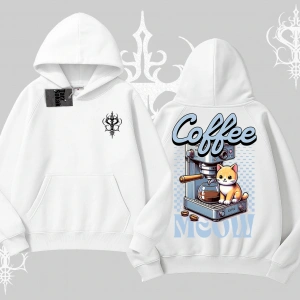 Coffee Meow Kahve Temalı Kedi Arka Baskılı Kapşonlu Sweatshirt