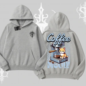 Coffee Meow Kahve Temalı Kedi Arka Baskılı Kapşonlu Sweatshirt