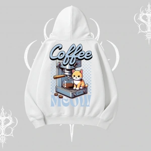 Coffee Meow Kahve Temalı Kedi Arka Baskılı Kapşonlu Sweatshirt