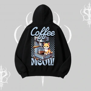 Coffee Meow Kahve Temalı Kedi Arka Baskılı Kapşonlu Sweatshirt