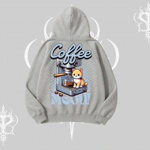 Coffee Meow Kahve Temalı Kedi Arka Baskılı Kapşonlu Sweatshirt