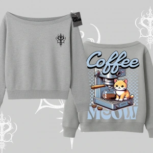 Coffee Meow Kahve Temalı Kedi Arka Baskılı Kayık Yaka Sweatshirt