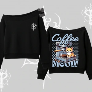 Coffee Meow Kahve Temalı Kedi Arka Baskılı Kayık Yaka Sweatshirt