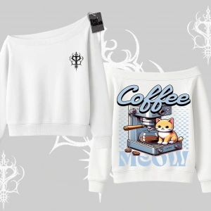 Coffee Meow Kahve Temalı Kedi Arka Baskılı Kayık Yaka Sweatshirt