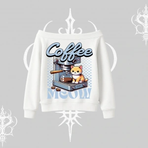 Coffee Meow Kahve Temalı Kedi Arka Baskılı Kayık Yaka Sweatshirt