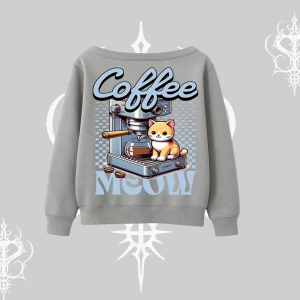 Coffee Meow Kahve Temalı Kedi Arka Baskılı Kayık Yaka Sweatshirt