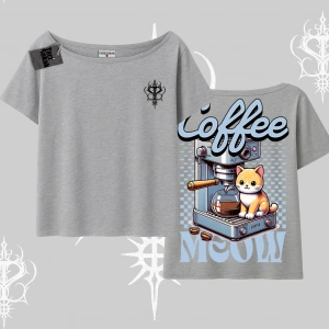 Coffee Meow Kahve Temalı Kedi Arka Baskılı Kayık Yaka Tshirt