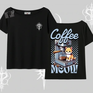 Coffee Meow Kahve Temalı Kedi Arka Baskılı Kayık Yaka Tshirt