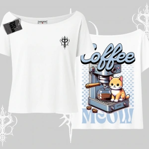 Coffee Meow Kahve Temalı Kedi Arka Baskılı Kayık Yaka Tshirt
