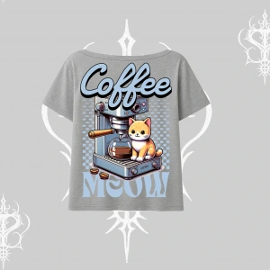 Coffee Meow Kahve Temalı Kedi Arka Baskılı Kayık Yaka Tshirt