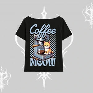 Coffee Meow Kahve Temalı Kedi Arka Baskılı Kayık Yaka Tshirt