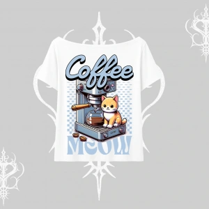 Coffee Meow Kahve Temalı Kedi Arka Baskılı Kayık Yaka Tshirt