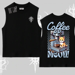 Coffee Meow Kahve Temalı Kedi Arka Baskılı Kolsuz Tshirt