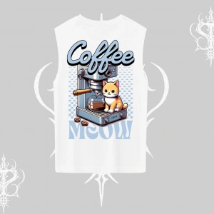 Coffee Meow Kahve Temalı Kedi Arka Baskılı Kolsuz Tshirt
