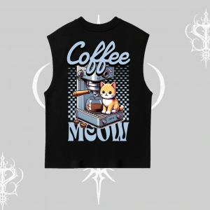 Coffee Meow Kahve Temalı Kedi Arka Baskılı Kolsuz Tshirt