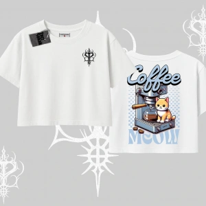 Coffee Meow Kahve Temalı Kedi Arka Baskılı Oversize Crop Tshirt