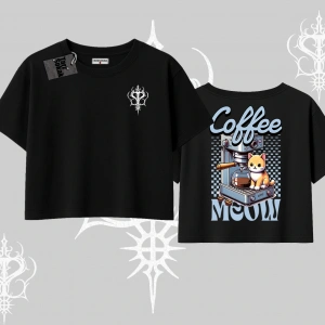 Coffee Meow Kahve Temalı Kedi Arka Baskılı Oversize Crop Tshirt