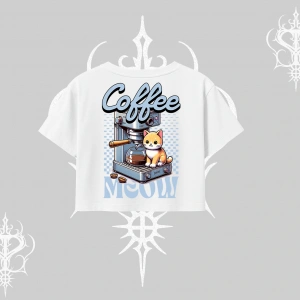 Coffee Meow Kahve Temalı Kedi Arka Baskılı Oversize Crop Tshirt