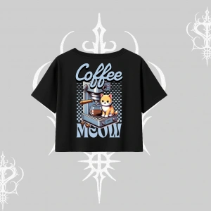 Coffee Meow Kahve Temalı Kedi Arka Baskılı Oversize Crop Tshirt
