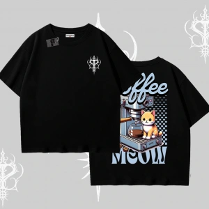 Coffee Meow Kahve Temalı Kedi Arka Baskılı Oversize Tshirt