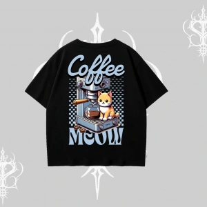 Coffee Meow Kahve Temalı Kedi Arka Baskılı Oversize Tshirt