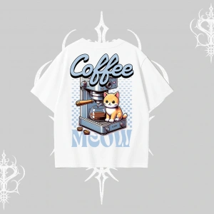 Coffee Meow Kahve Temalı Kedi Arka Baskılı Oversize Tshirt