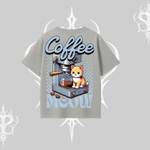 Coffee Meow Kahve Temalı Kedi Arka Baskılı Oversize Tshirt