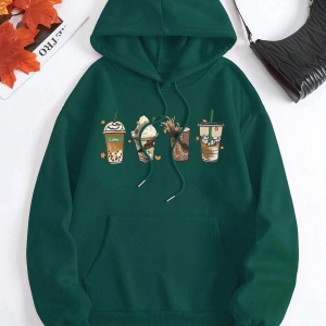 Coke serisi Cartoon Graphic Kangaroo Pocket Drawstring Thermal Lined Hoodie