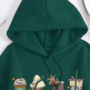 Coke serisi Cartoon Graphic Kangaroo Pocket Drawstring Thermal Lined Hoodie