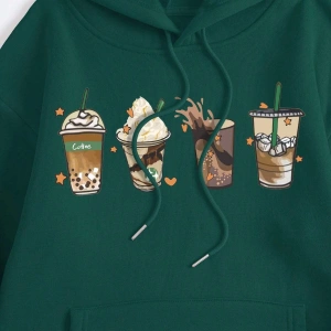 Coke serisi Cartoon Graphic Kangaroo Pocket Drawstring Thermal Lined Hoodie