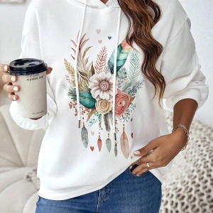 Coke serisi Floral & Feather Print Drop Shoulder Drawstring Hoodie
