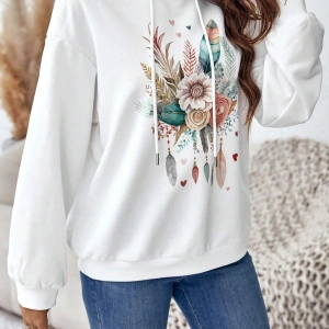Coke serisi Floral & Feather Print Drop Shoulder Drawstring Hoodie