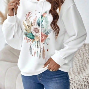Coke serisi Floral & Feather Print Drop Shoulder Drawstring Hoodie